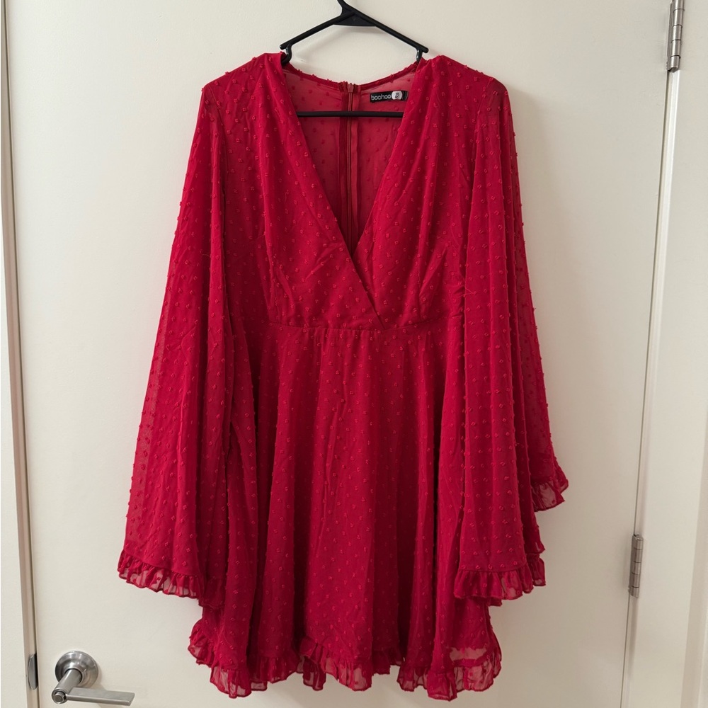 Swiss Dot Red V-Neck Dress with Flared Sleeves